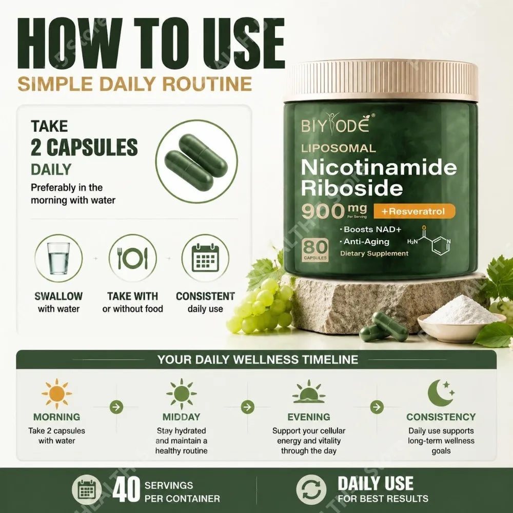 BIYODE Liposomal Nicotinamide Riboside Capsules with NAD+ Boost and Quercetin Phytosome and Trans-Resveratrol 80 Capsules