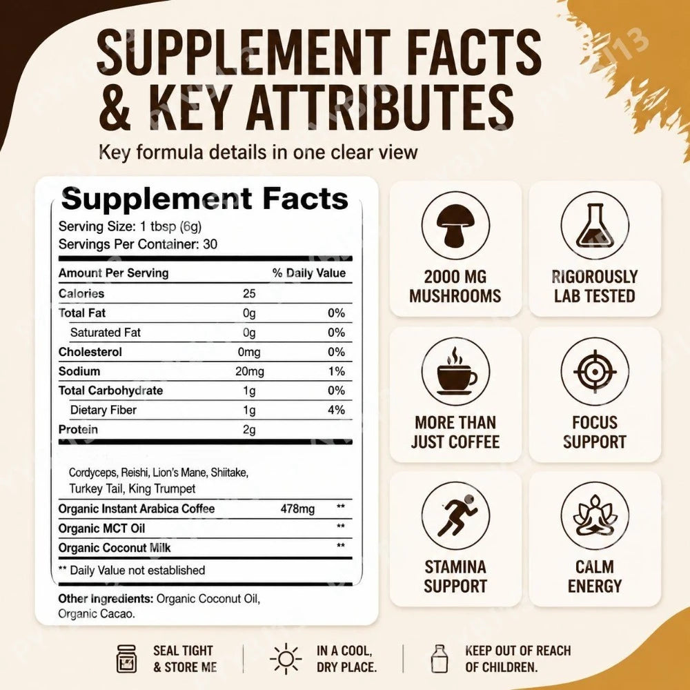 Mushroom Coffee Powder with Lion's Mane Reishi Cordyceps Blend Organic Instant Coffee for Focus Stamina Calm Energy 30 Servings