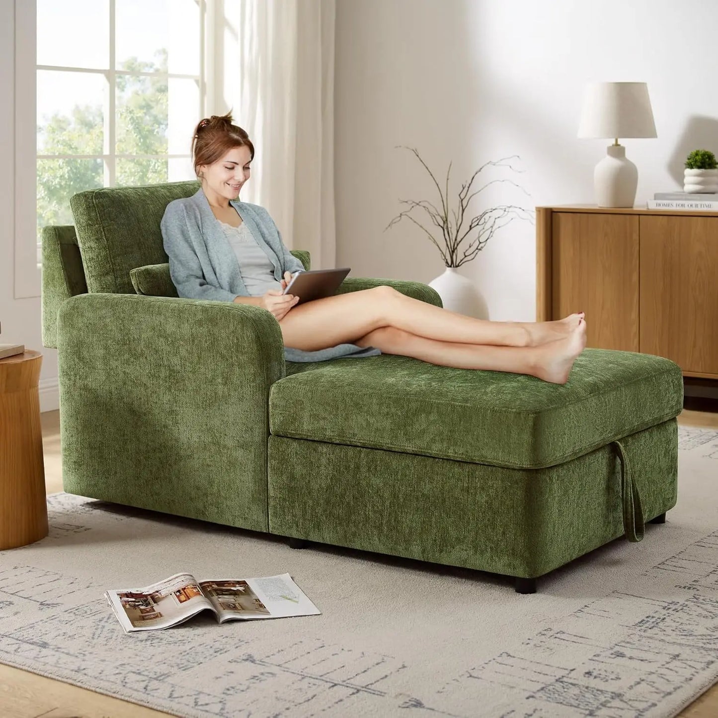 Chaise Lounge Chair Indoor with 2-Position Adjustable Backrest & Storage Space, Chenille Lounge Sofa Chair with 2, Customized