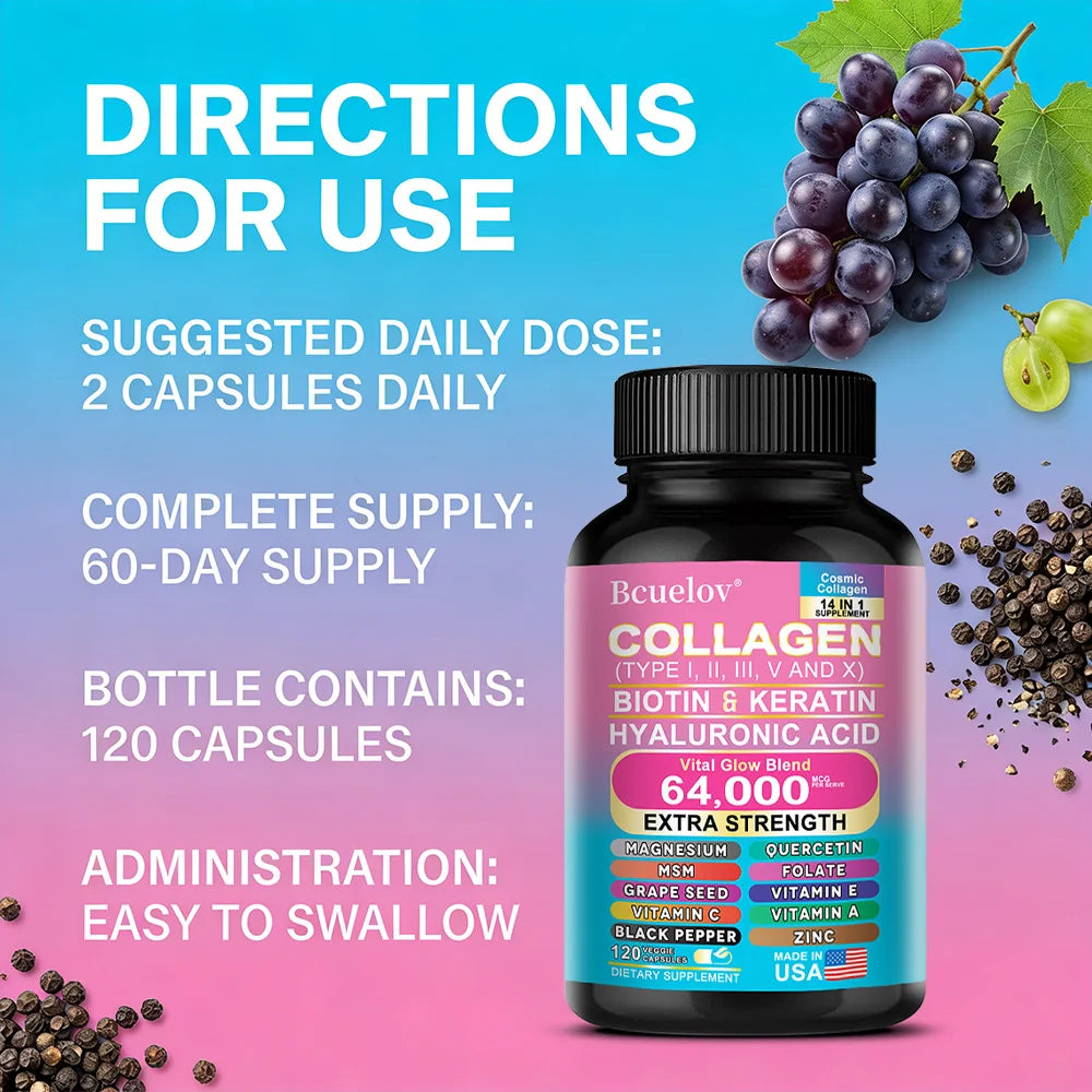Collagen Peptide Capsules - Hair, Nail, Skin, and Joint Health Supplements, Boosts Energy, Tightens Skin, Antioxidant