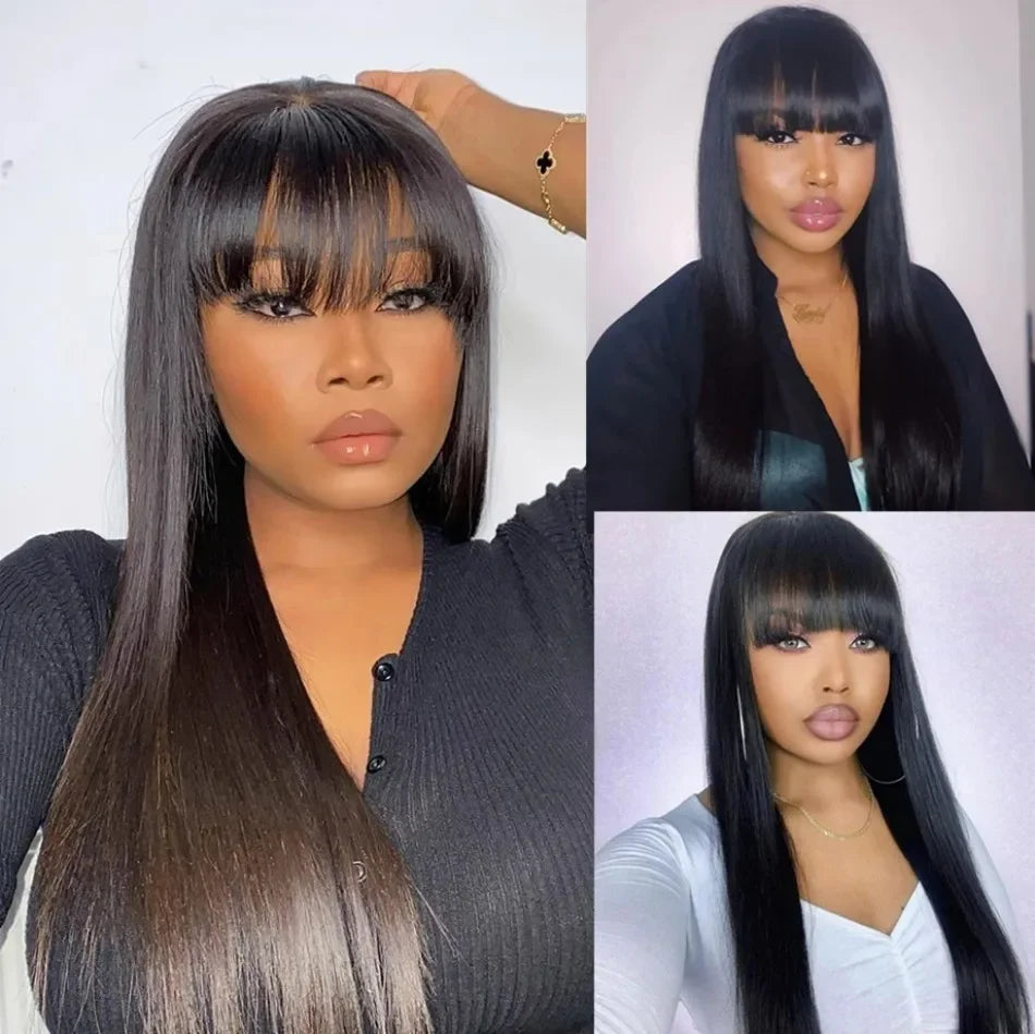 32 34Inch Straight Wigs Human Hair With Bangs Brazilian Virgin Human Hair Wigs Glueless Machine Made Wigs None Lace Front Wigs