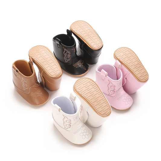 Leather Western Boots Cowboy Bootie Soft Sole Non-Slip Crib Shoes for Baby Infant Toddler Girls Boys Newborn