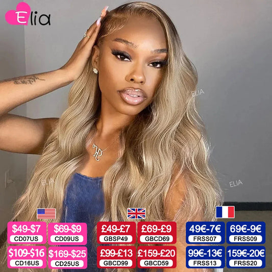 250 Density Brown Roots Blonde Colored Hair Wig Body Wave 32 Inches 13x6 Lace Frontal Human Hair Wig for Women Pre plucked 13x4 Merit Sell