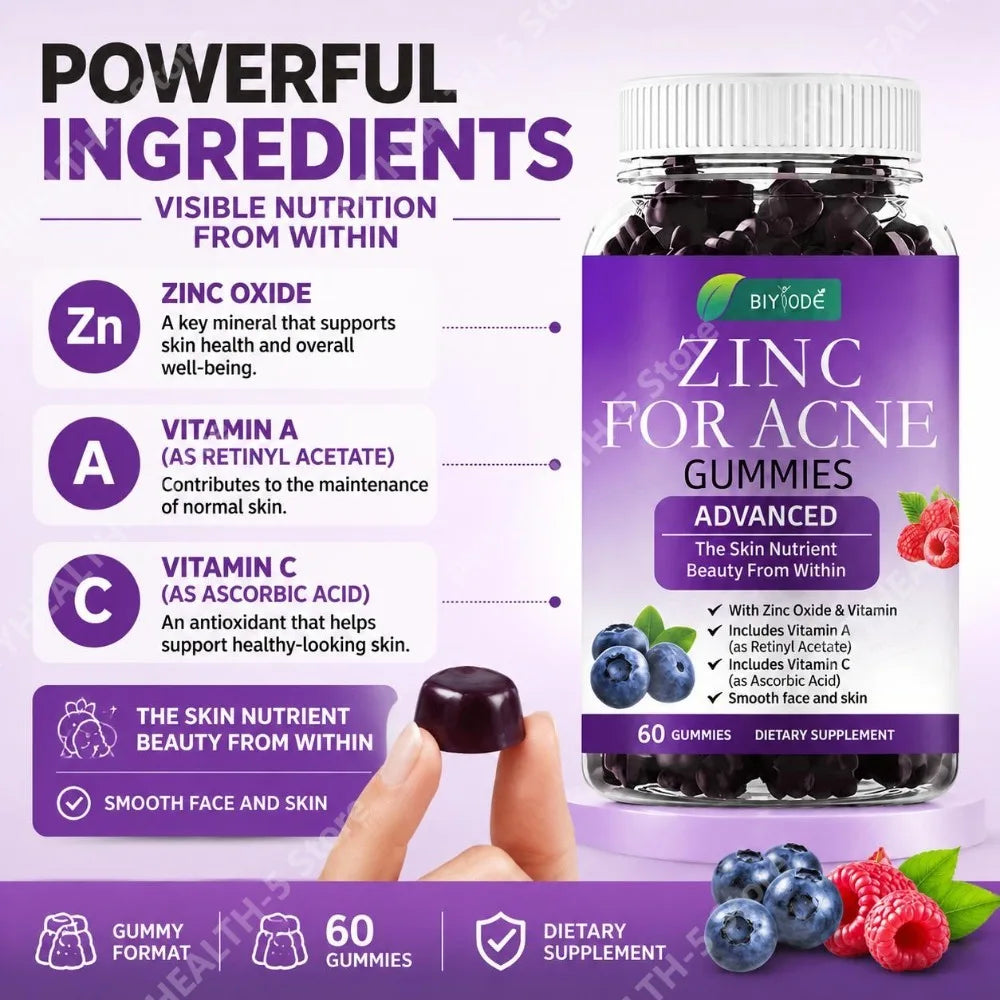 BIYODE Advanced Zinc Oxide Gummies with Vitamin A Retinyl Acetate and Vitamin C Ascorbic Acid, Smooth Face and Skin, 60 Gummies