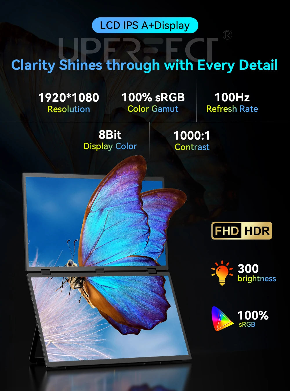 UPERFECT 18.5”100HZ Delta Portable Dual TouchScreen Monitor FHD HDR 360°Rotation Folding Triple Screen Laptop Display Extender