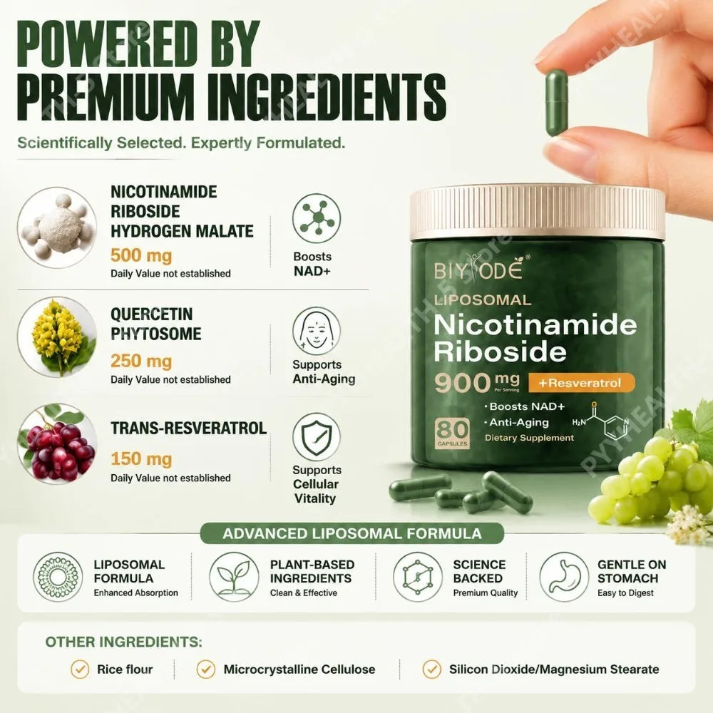 BIYODE Liposomal Nicotinamide Riboside Capsules with NAD+ Boost and Quercetin Phytosome and Trans-Resveratrol 80 Capsules