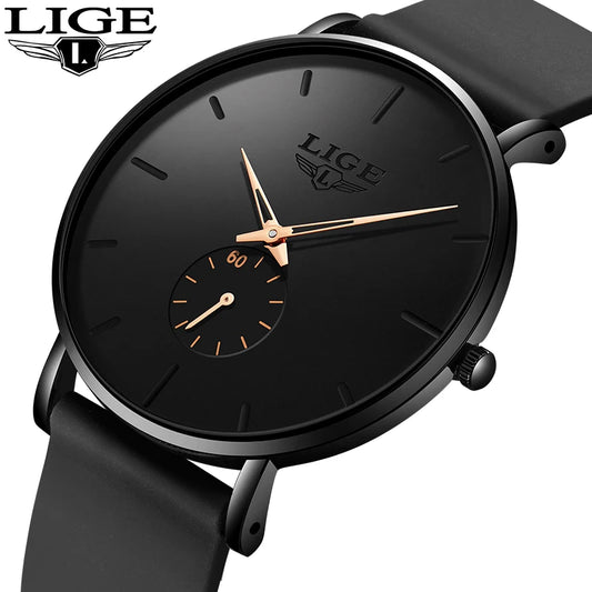 LIGE Fashion Simple Men Watch Silicone Strap 30M Waterproof Quartz Wrist Watch for Men Ultrathin Black Dial Watches reloj hombre