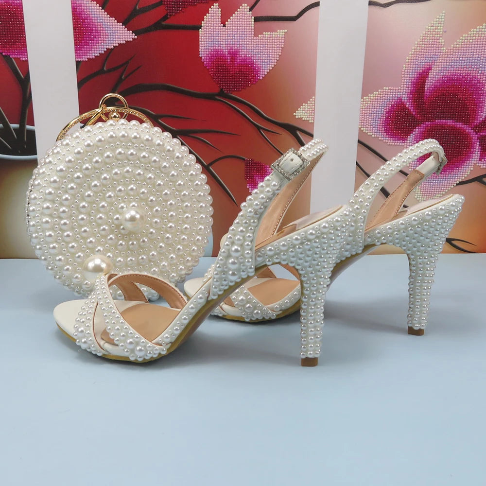 2024 New Arrival Customized White Female Sandals Bridal shoe bag set woman Thin Heel Big Pearl Girls fashion Sandals party Shoes