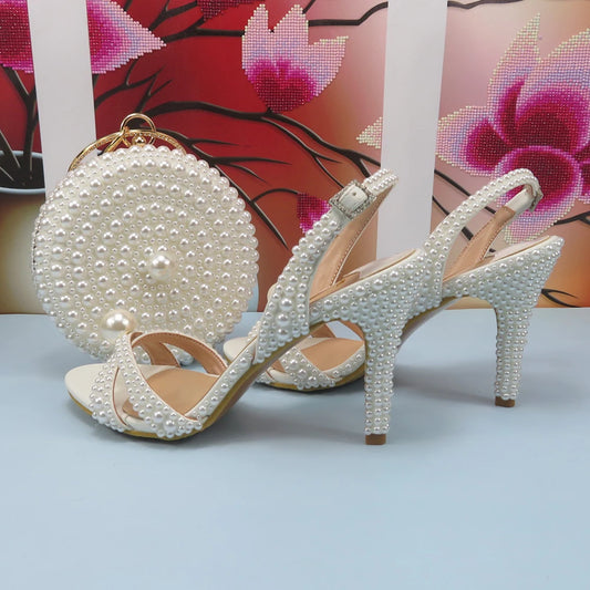 2024 New Arrival Customized White Female Sandals Bridal shoe bag set woman Thin Heel Big Pearl Girls fashion Sandals party Shoes