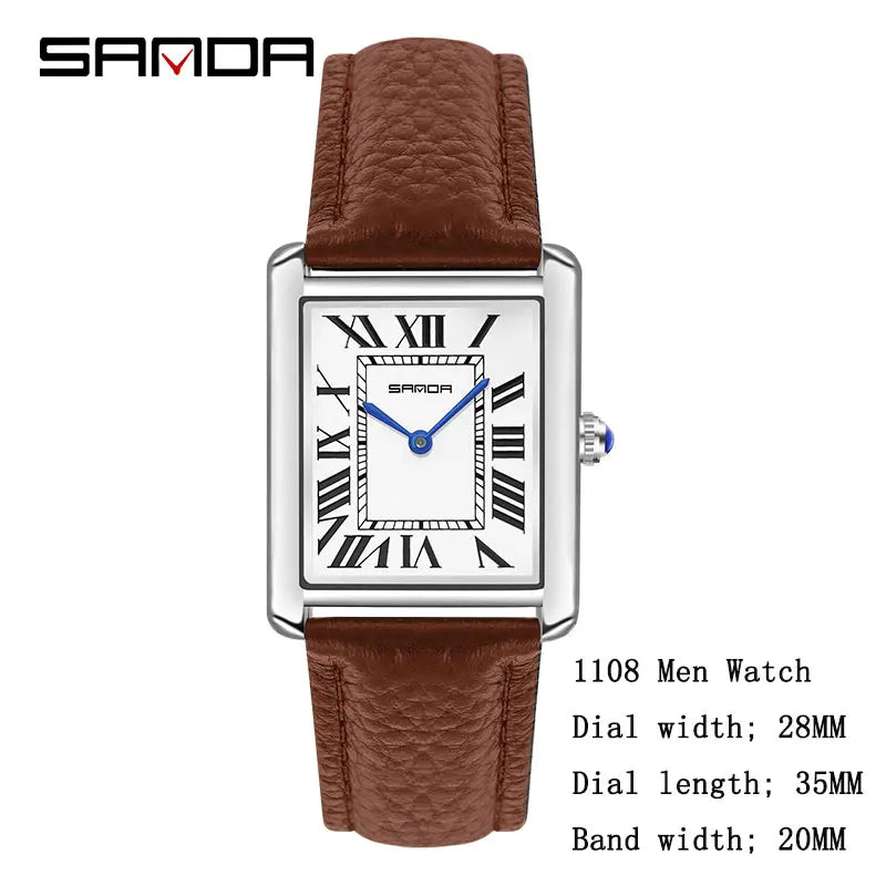 SANDA Men Women Rectangular Quartz Wrist Watches for Casual Ladies Stainless Watches Luxury Leather Lovers Gift Box Clock
