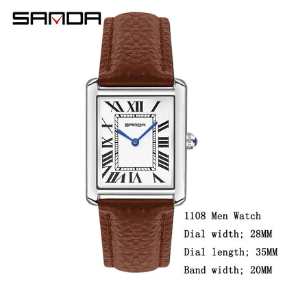SANDA Men Women Rectangular Quartz Wrist Watches for Casual Ladies Stainless Watches Luxury Leather Lovers Gift Box Clock