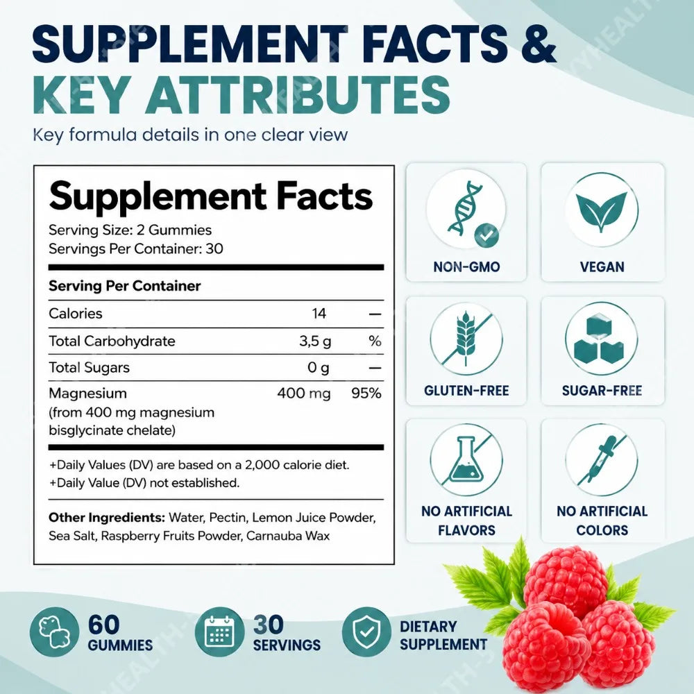 Magnesium Bisglycinate Gummies for Adults 400mg High Absorption for Sleep Nervous System Health Muscle Recovery Bone Health 60ct