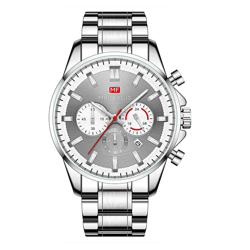 MINI FOCUS Chronograph Quartz Watch Men Silver Blue Waterproof Luminous Dress Wristwatch with Date Stainless Steel Strap 0469