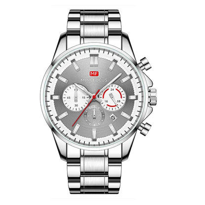 MINI FOCUS Chronograph Quartz Watch Men Silver Blue Waterproof Luminous Dress Wristwatch with Date Stainless Steel Strap 0469