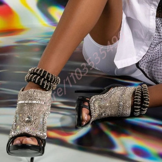 New Ladies Luxury Gem Crystal Bling Sandals Summer Sexy Open Toe Fashion Rhinestone Sandals Party Dress Catwalk Thin High Heels