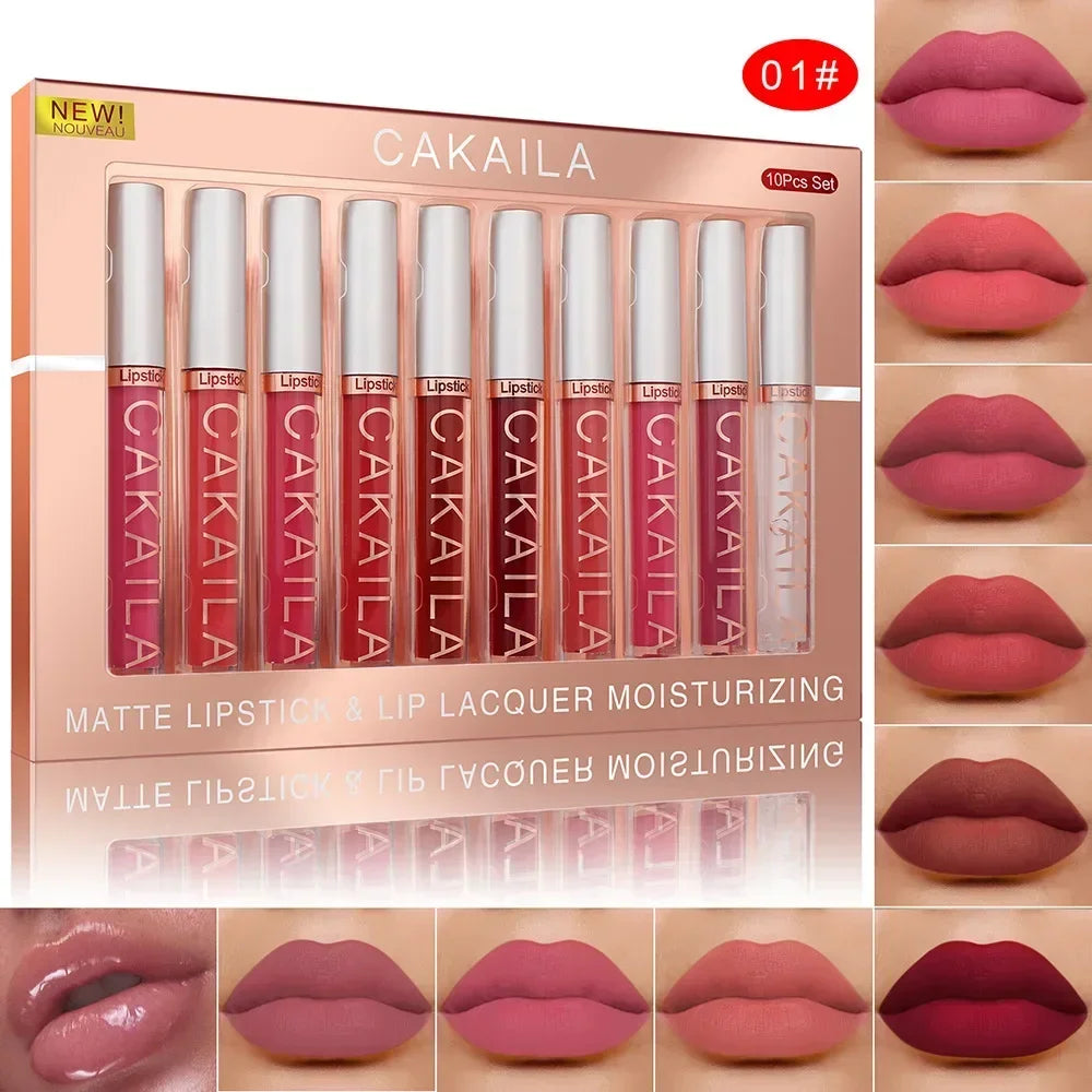 KACAILA 6/10 Colors Lipstick Set Velvet Matte Liquid Lip Gloss Non Stick Cup Waterproof Long Lasting Female Make Up of Gift Set