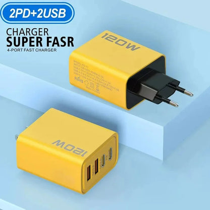 Total 120W USB Fast Charger 4 Ports PD Type C Quick Charge 3.0 Charger For iPhone 15 14 Samsung Xiaomi EU/US Plug Power Adapter