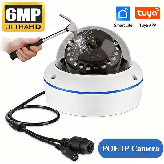 6MP H265+ Tuya Metal Dome POE IP Camera Audio Record CCTV Camera Vandalproof IP66 Outdoor Home Security Video Human Detection