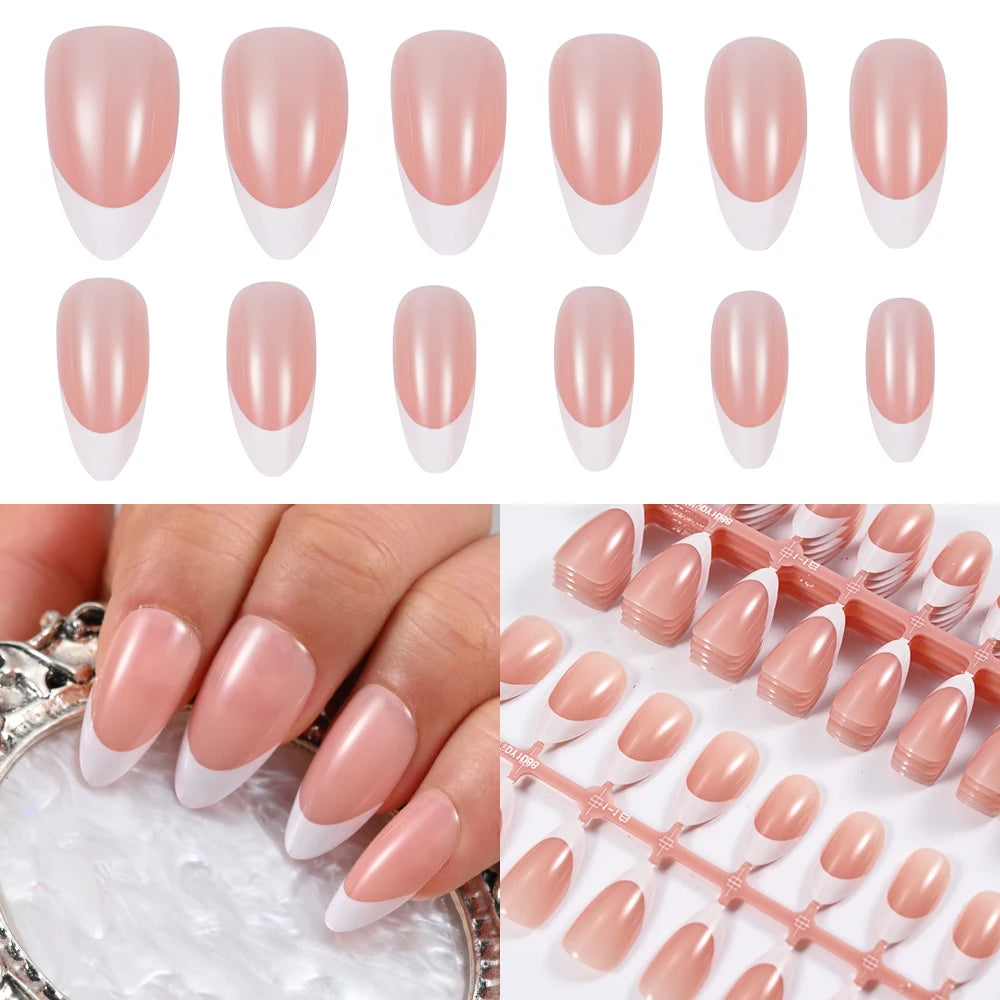 150Pcs Nude Pink Short Almond Press on Nails Gradient Full-Cover Almond Fake Nails 14-20mm Soft Gel Nude Pink Almond Nail Tips