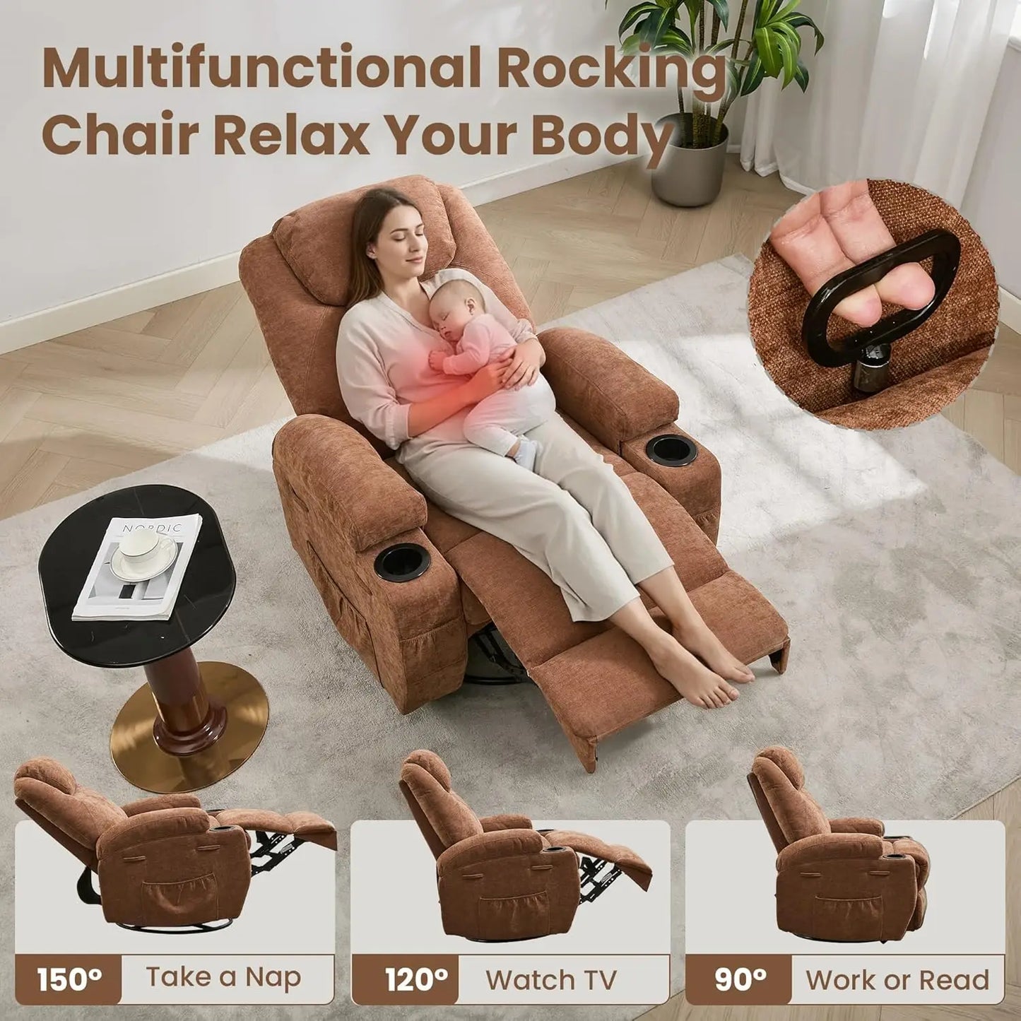 Comfy Recliner Chair with Massage and Heat for Adults,360° Swivel Rock Recliner Single Sofa w/Overstuffed Arms and Back, Custom