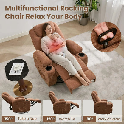 Comfy Recliner Chair with Massage and Heat for Adults,360° Swivel Rock Recliner Single Sofa w/Overstuffed Arms and Back, Custom