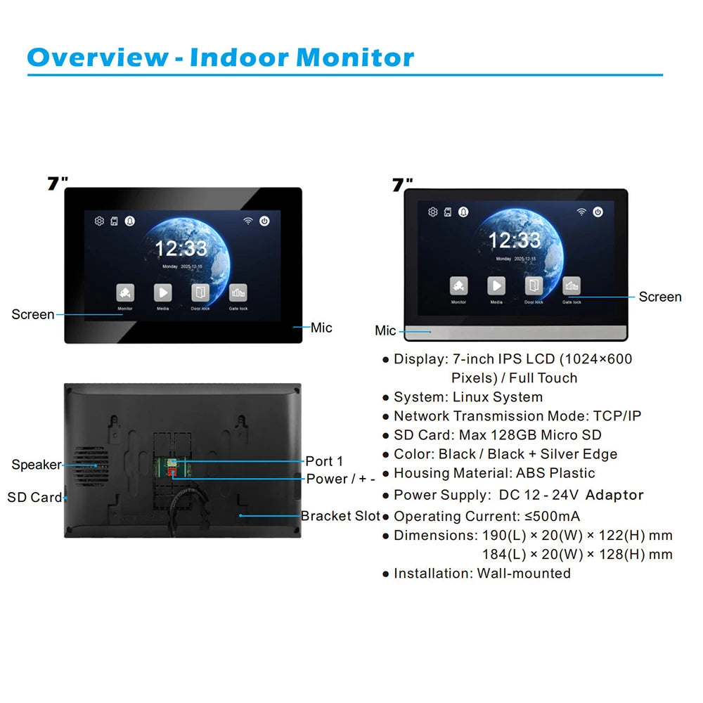 2-Wire Digital Video Intercom System 7 Inch Wireless WIFI APP Monitor 1080P Doorphone Camera Video Doorbell Card work with tuya