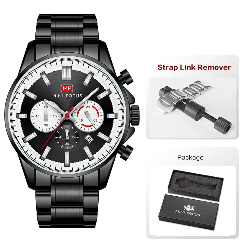 MINI FOCUS Chronograph Quartz Watch Men Silver Blue Waterproof Luminous Dress Wristwatch with Date Stainless Steel Strap 0469