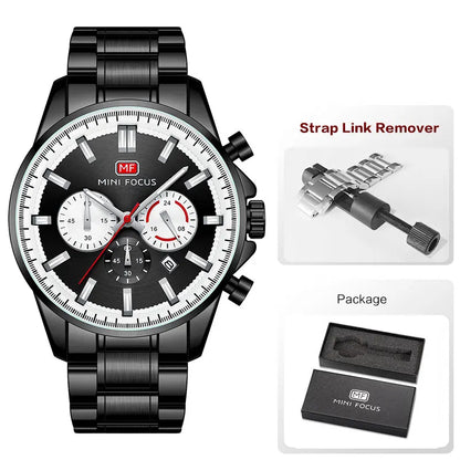 MINI FOCUS Chronograph Quartz Watch Men Silver Blue Waterproof Luminous Dress Wristwatch with Date Stainless Steel Strap 0469