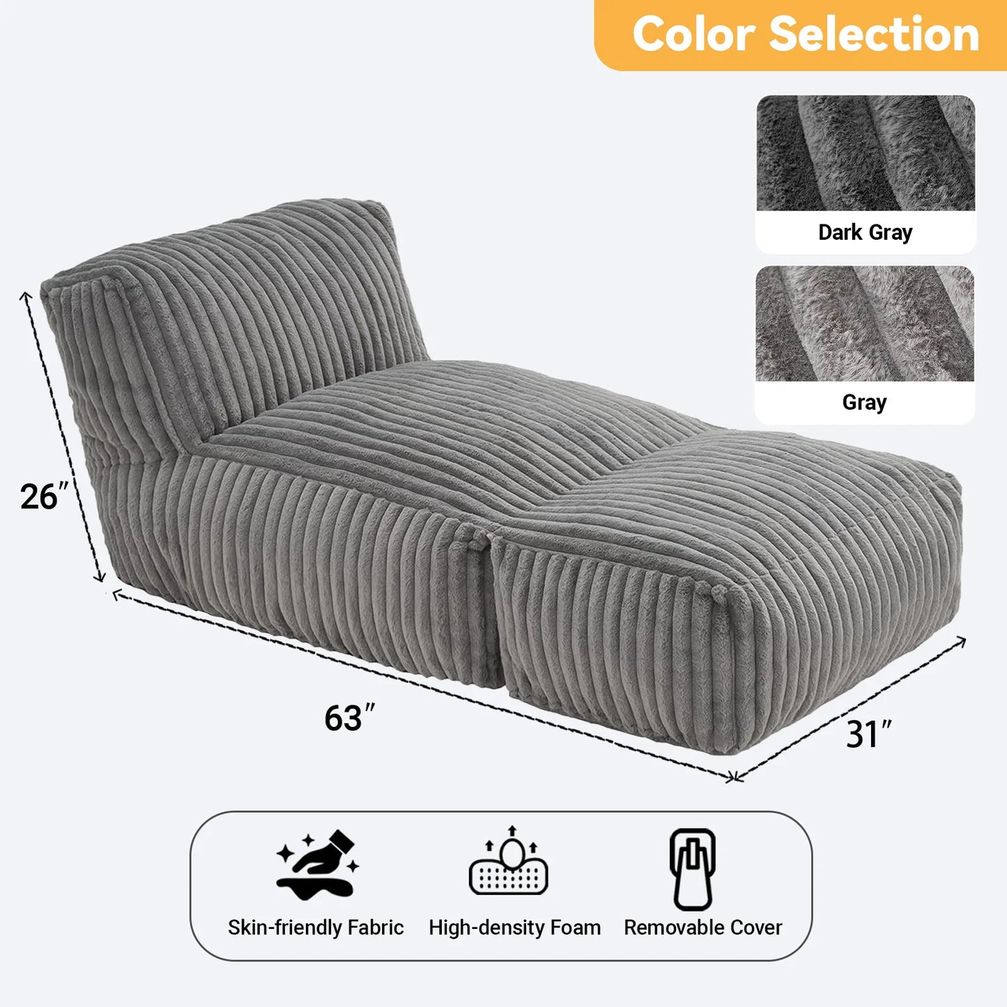 Big Bean Bag Lounger Chairs LargBeanbag Chair for Adults Bean Bag Sofa witlMemory Foam Filled for Living Room,Bedroom ,Grey