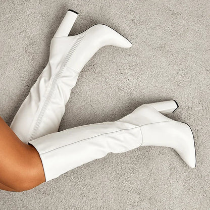 Sexy Pointed Toe Side Long Zipper Knight Boots Fashion Soft Leather Knee-high Women Boot Square High-heeledclub Dance Party Shoe