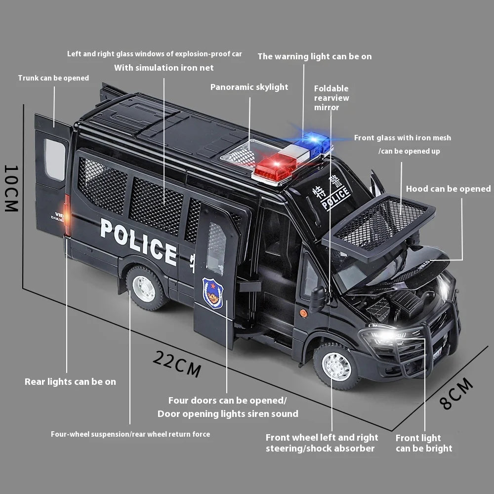 1:24 Scale IVECO Police Alloy Car Diecast Metal Model Sound & Light Pull Back Toy Interior Ornaments Children Toy Gifts Doiplay