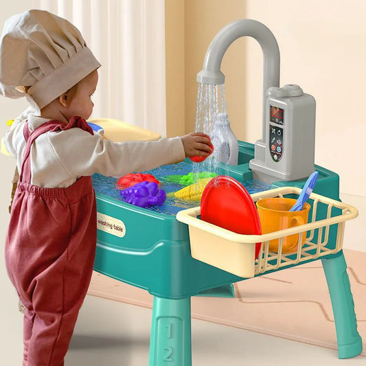 Play Sink with Running Water Kitchen Sink Toys with Electric Faucet Water Table Floating Pool Dishwasher Set for Toddler Girl