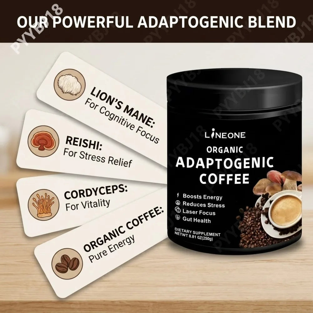 Organic Adaptogenic Coffee Powder with 10 Mushroom Blend Lion's Mane Reishi Supports Energy Focus Stress Balance Gut Health 250g