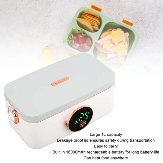 Portable Lunch Warmer Box Electric 1L Capacity USB Rechargeable Cordless for Office Travel Car LED Display Type-C