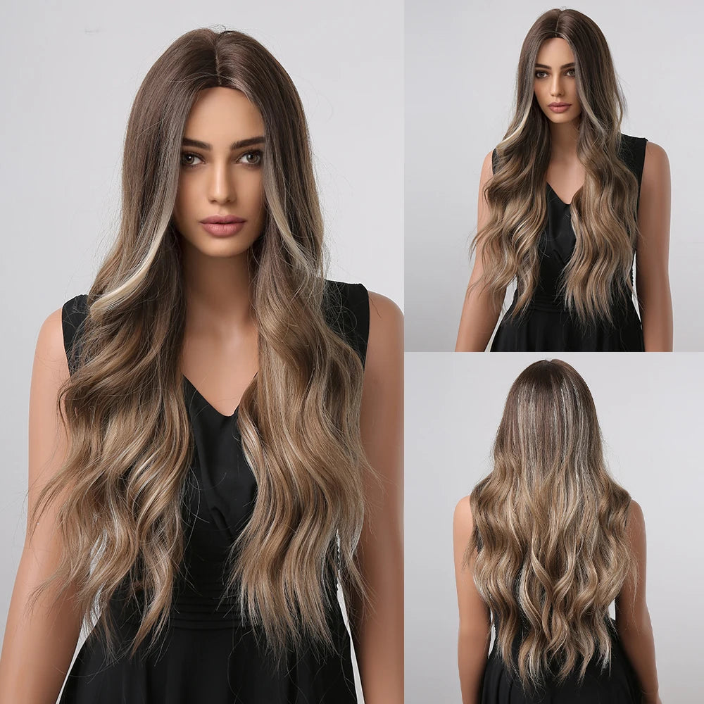 ALAN EATON Long Curly Wavy Synthetic Wigs for Women Brown to Blonde Ombre Hair Wig Ntural Middle Parted Party Wig Heat Resistant