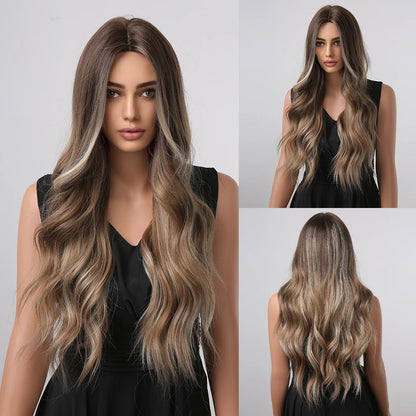 ALAN EATON Long Curly Wavy Synthetic Wigs for Women Brown to Blonde Ombre Hair Wig Ntural Middle Parted Party Wig Heat Resistant