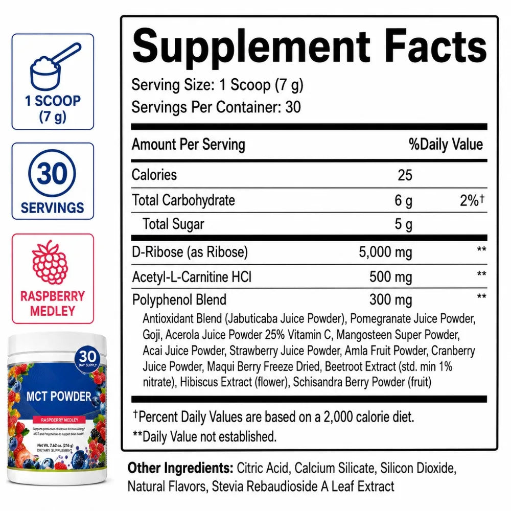 MCT Powder Raspberry Medley Drink Mix, D-Ribose 5000mg, Acetyl-L-Carnitine 500mg, Polyphenol Blend 300mg, 30 Servings 216g