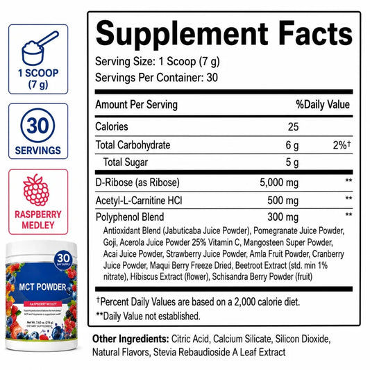 MCT Powder Raspberry Medley Drink Mix, D-Ribose 5000mg, Acetyl-L-Carnitine 500mg, Polyphenol Blend 300mg, 30 Servings 216g