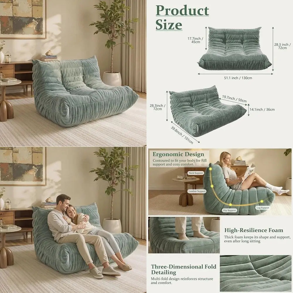 Bag Couch for Adults, Oversized Two People Bean Bag Chair with Foam Filler, Comfy Floor Sofa Loveseat with 2 Pillows, Lazy Pump