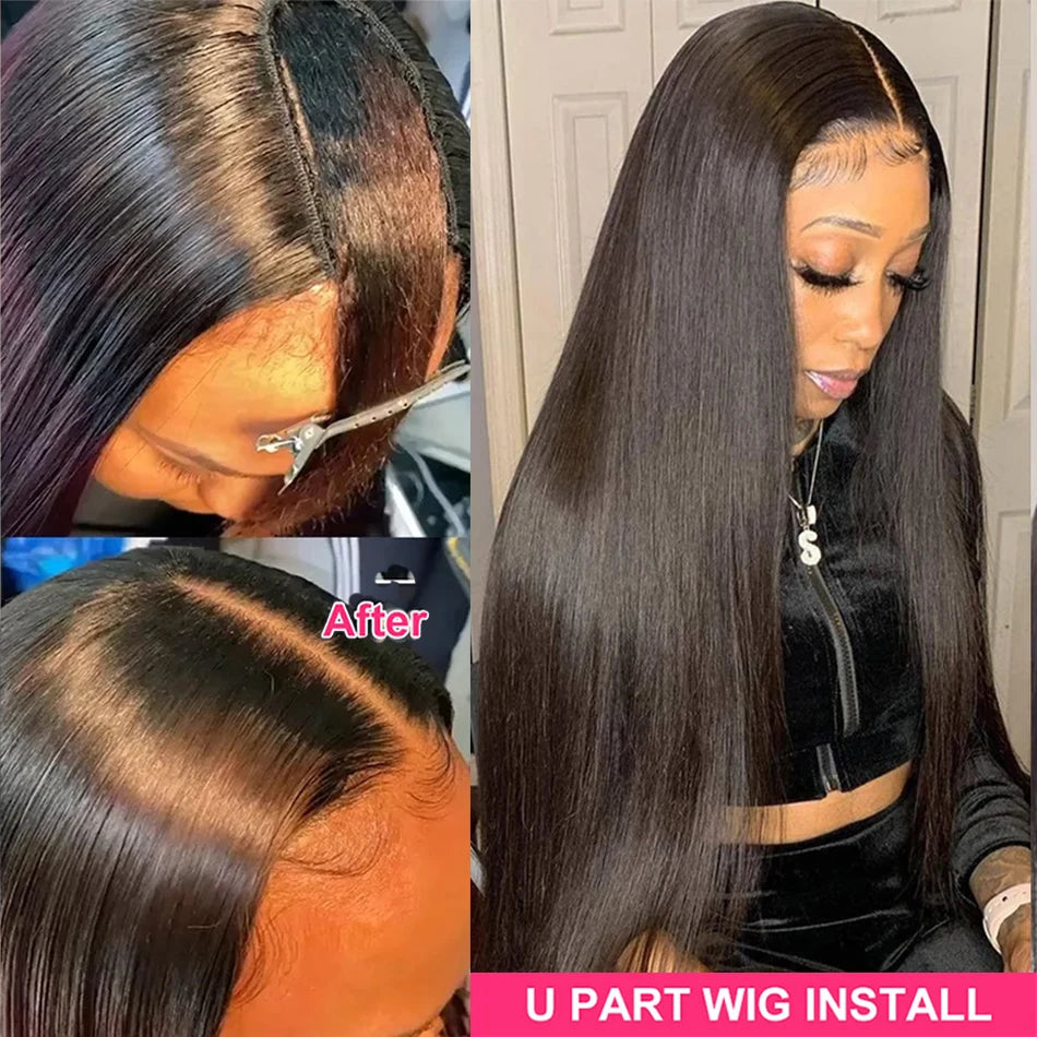 FUGANGXIU U Part Straight Wigs Human Hair No Leave Out 30 inches Glueless Wig Brazilian Hair Straight U Part Wig Natural Color