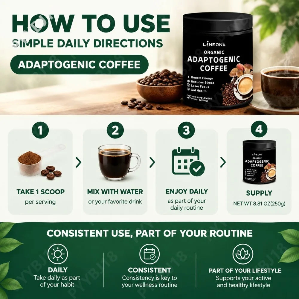 Organic Adaptogenic Coffee Powder with 10 Mushroom Blend Lion's Mane Reishi Supports Energy Focus Stress Balance Gut Health 250g