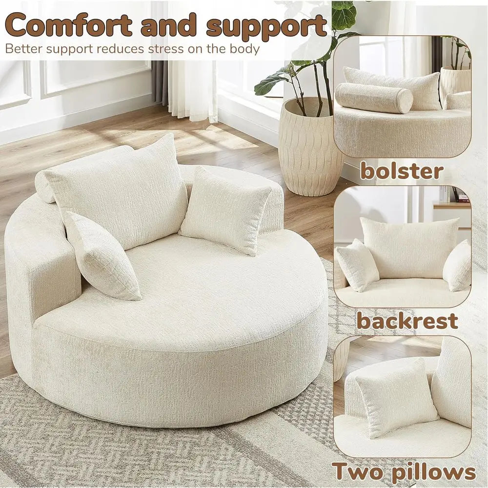 Oversized 55 Round Chenille Chaise Lounge Chair - Single Cloud Sofa, Sleeper for Living Room, Bedroom, and Projection Rooms, No