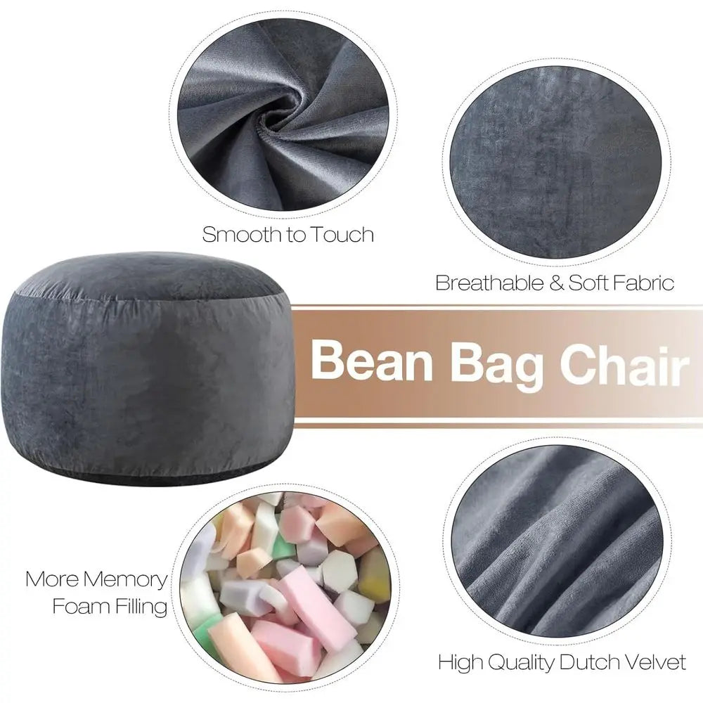 Adult-Sized 3-Foot Memory Foam Bean Bag Chair in Grey Velvet with Pull Handle and Side Pockets