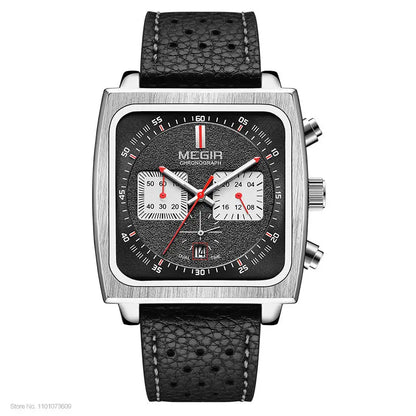 MEGIR Square Dial Chronograph Quartz Watches for Men Fashion Blue Leather Strap Casual Sport Wristwatch with Date 24-hour 2182