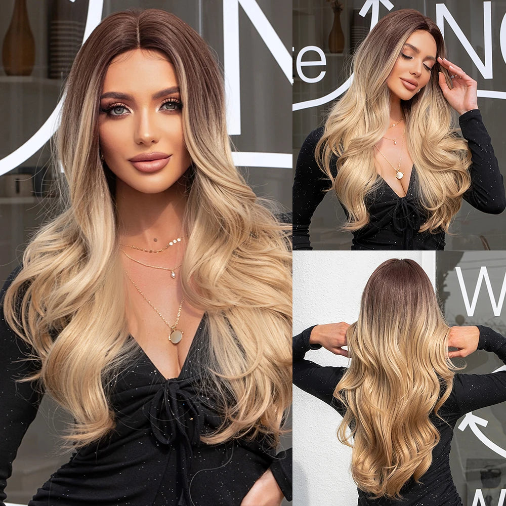 ALAN EATON Long Curly Wavy Synthetic Wigs for Women Brown to Blonde Ombre Hair Wig Ntural Middle Parted Party Wig Heat Resistant