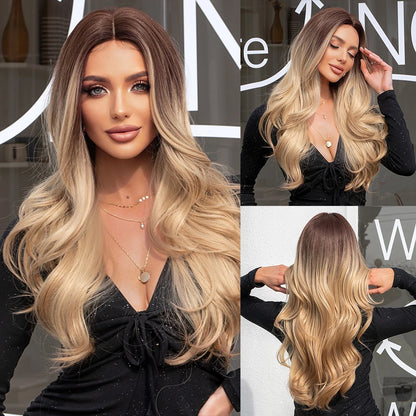 ALAN EATON Long Curly Wavy Synthetic Wigs for Women Brown to Blonde Ombre Hair Wig Ntural Middle Parted Party Wig Heat Resistant