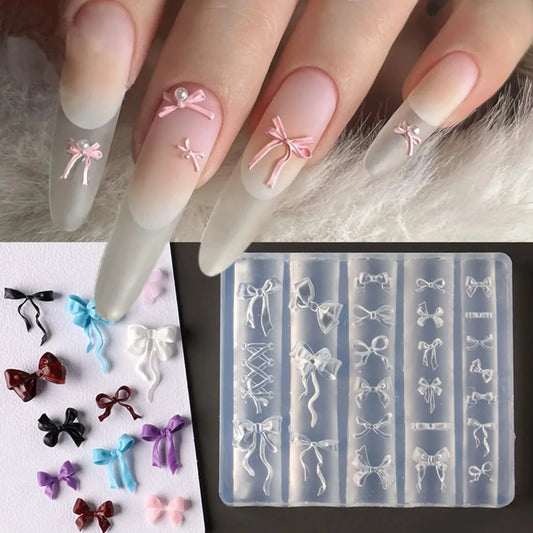 3D Bowknot Silicone Nail Mold Ballet Ribbon Tie Nail Charms Transparent Nails Template Carving Bowtie Manicure Stencil Tool
