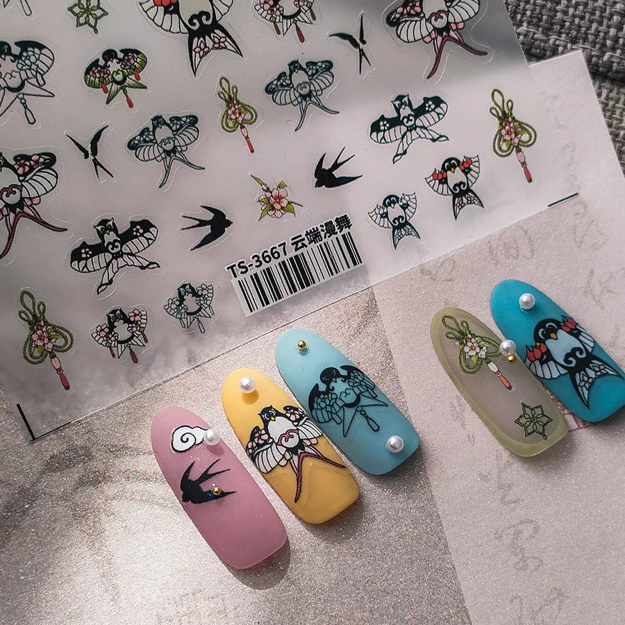 Nail Stickers Women Chinese Style Kite Swallow Bird 5D Decorations Slider Self Adhesive Nail Art Ornament Decals Sccessories DIY