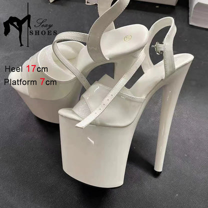 20CM 17 15cm Super High Heeled Nightclub Thin Heels Women's Platform Sandals Ankle Buckle Fashion Pole Dancing Shoes Plus Size