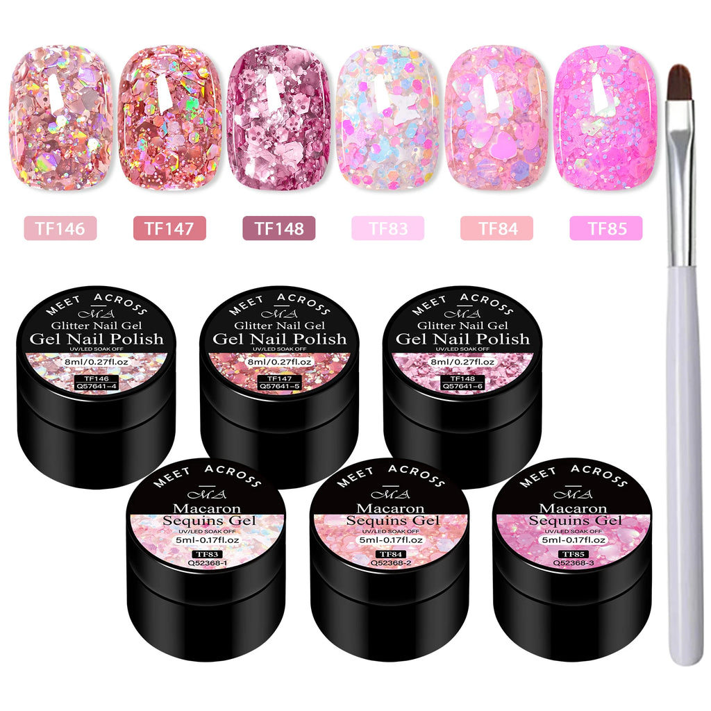 7pcs/set 8ml Sequins Gel Nail Polish Set Vibrant Pink Color Glitter Semi Permanent Soak Off UV LED Nail Art Varnish For Manicure